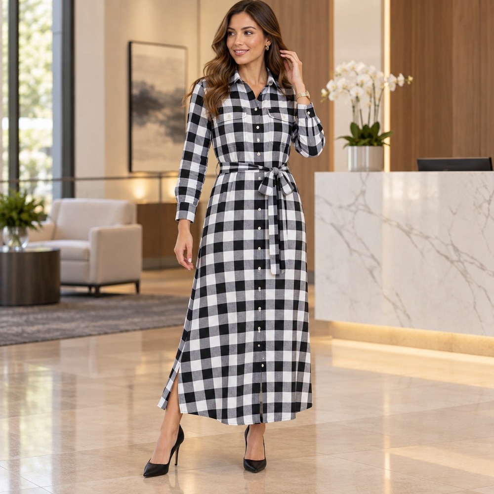 Lauren Ralph Lauren Buffalo Plaid Cotton Shirt Dress Black White 6 Preppy Midi - Picture 10 of 14